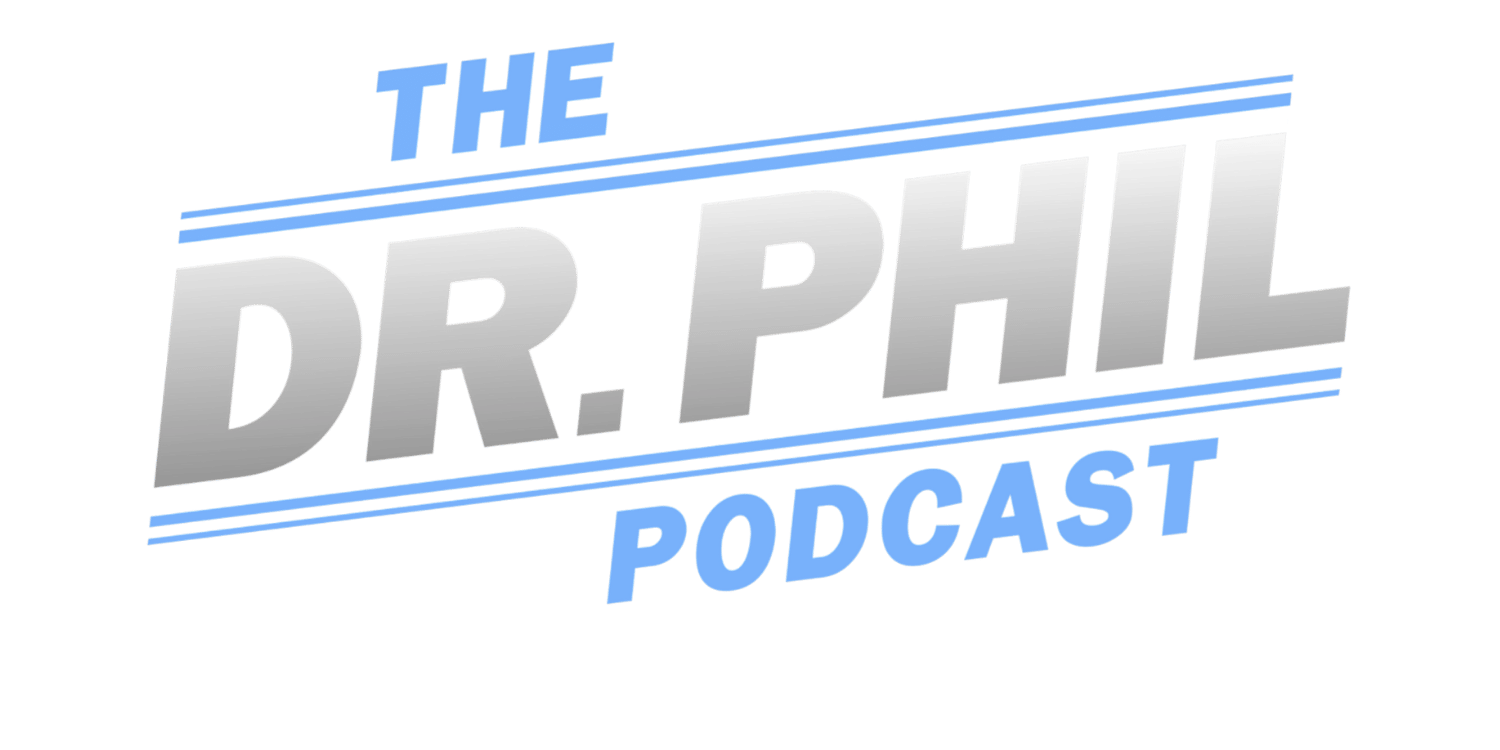 Logo for The Dr. Phil Podcast featuring bold silver text with light blue accents and underline.